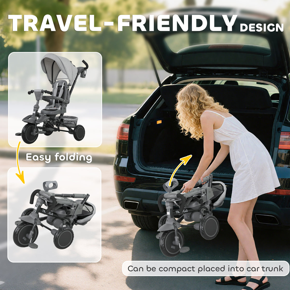 AIYAPLAY 6 in 1 Foldable Kids Trike with Adjustable Parent Handle & Canopy for Ages 1-5, Grey