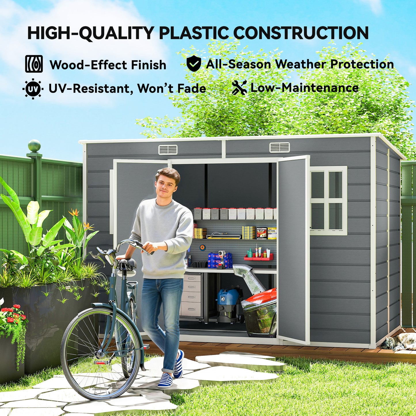 Outsunny 10 x 6 ft Resin Garden Shed, Outdoor Storage Shed with Floor, Windows, Lockable Doors and Vents, Grey