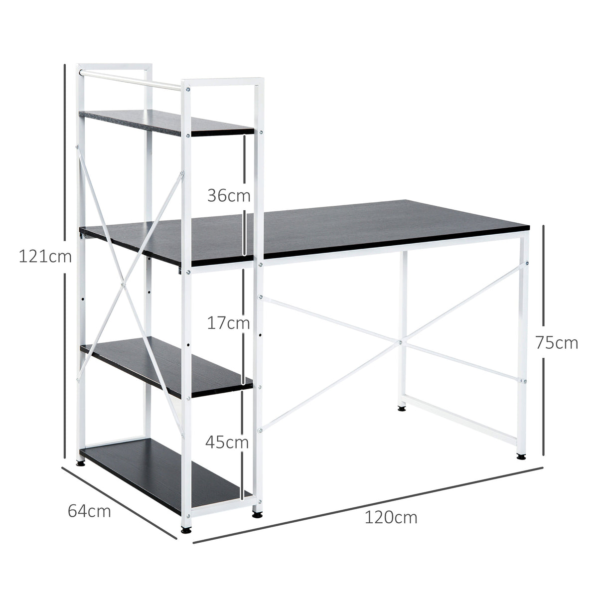 Black and white computer desk with four shelves, shown with dimensions