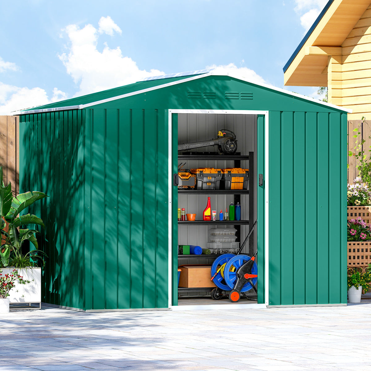 Outsunny 8 x 6ft Galvanised Steel Shed, with Double Door - Green