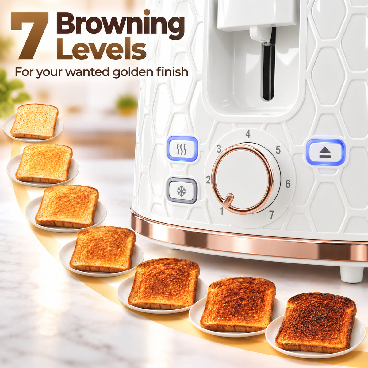 White toaster browning control dial with seven settings and rose gold trim