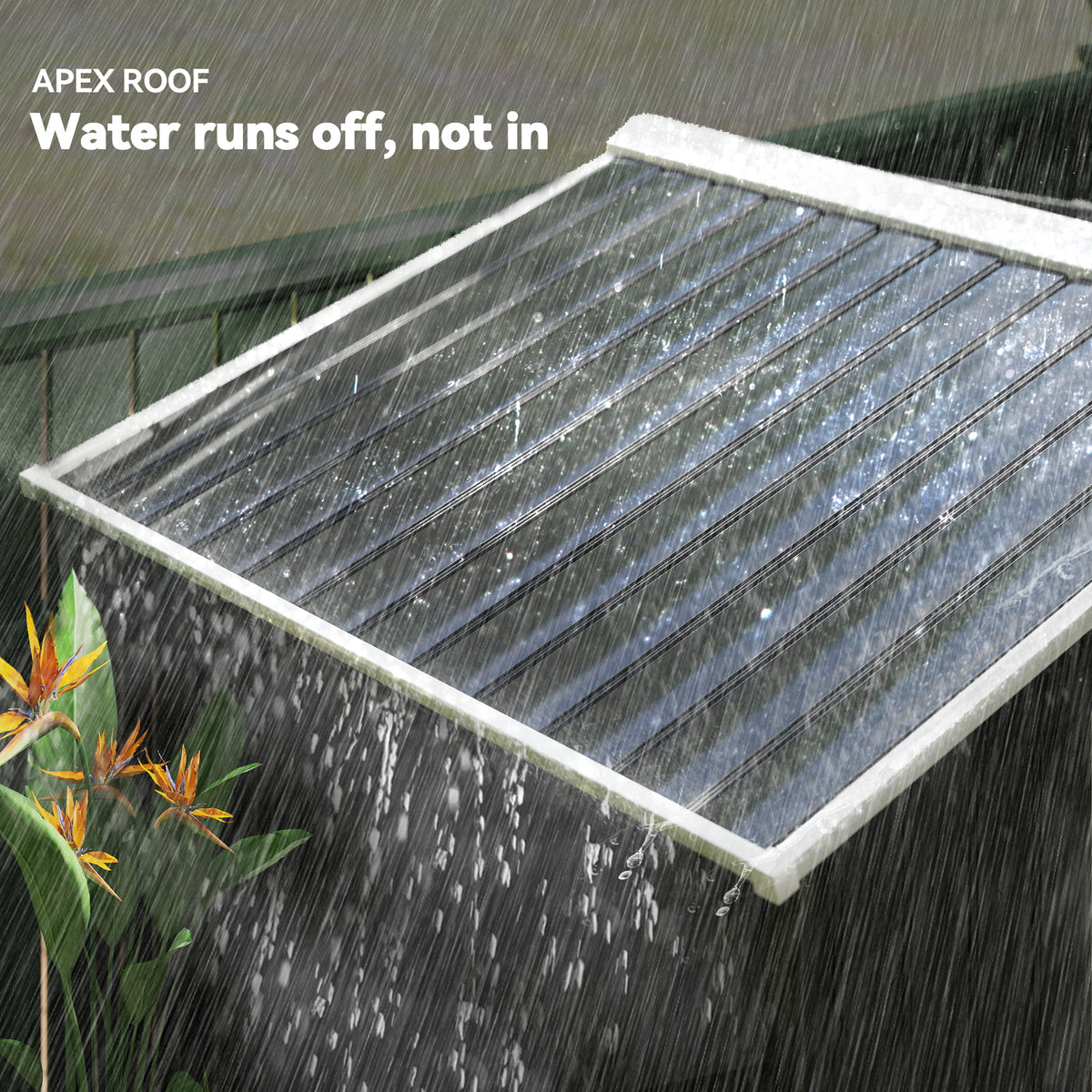 Outsunny shed roof with sloped metal panels designed to shed rainwater