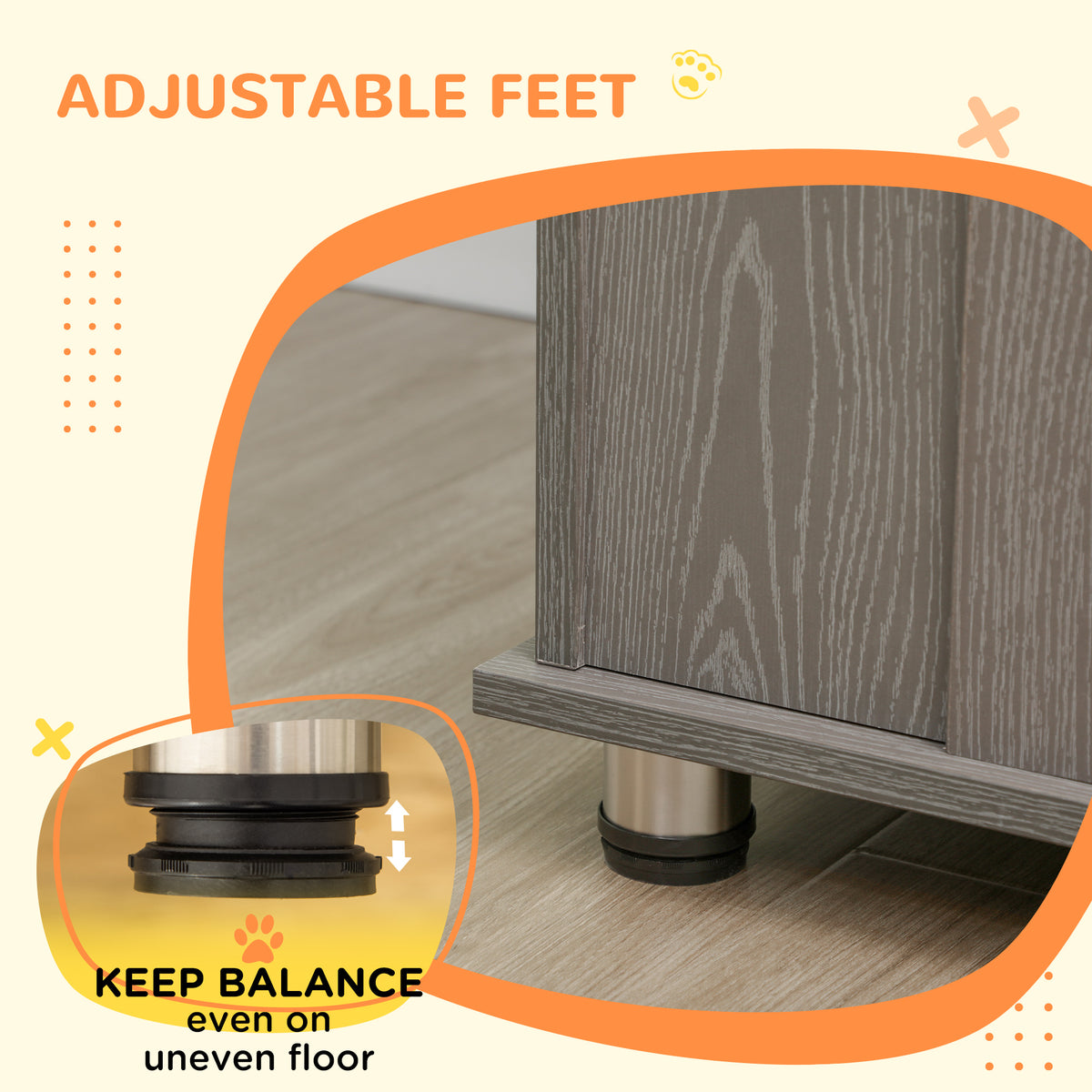 Close-up of adjustable feet on a grey wooden dog crate table