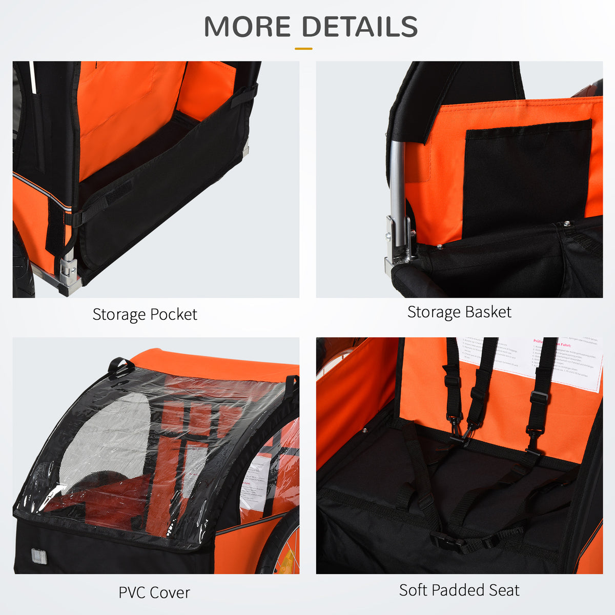 HOMCOM bike trailer details showing storage pockets, clear PVC cover, and padded seat with harness