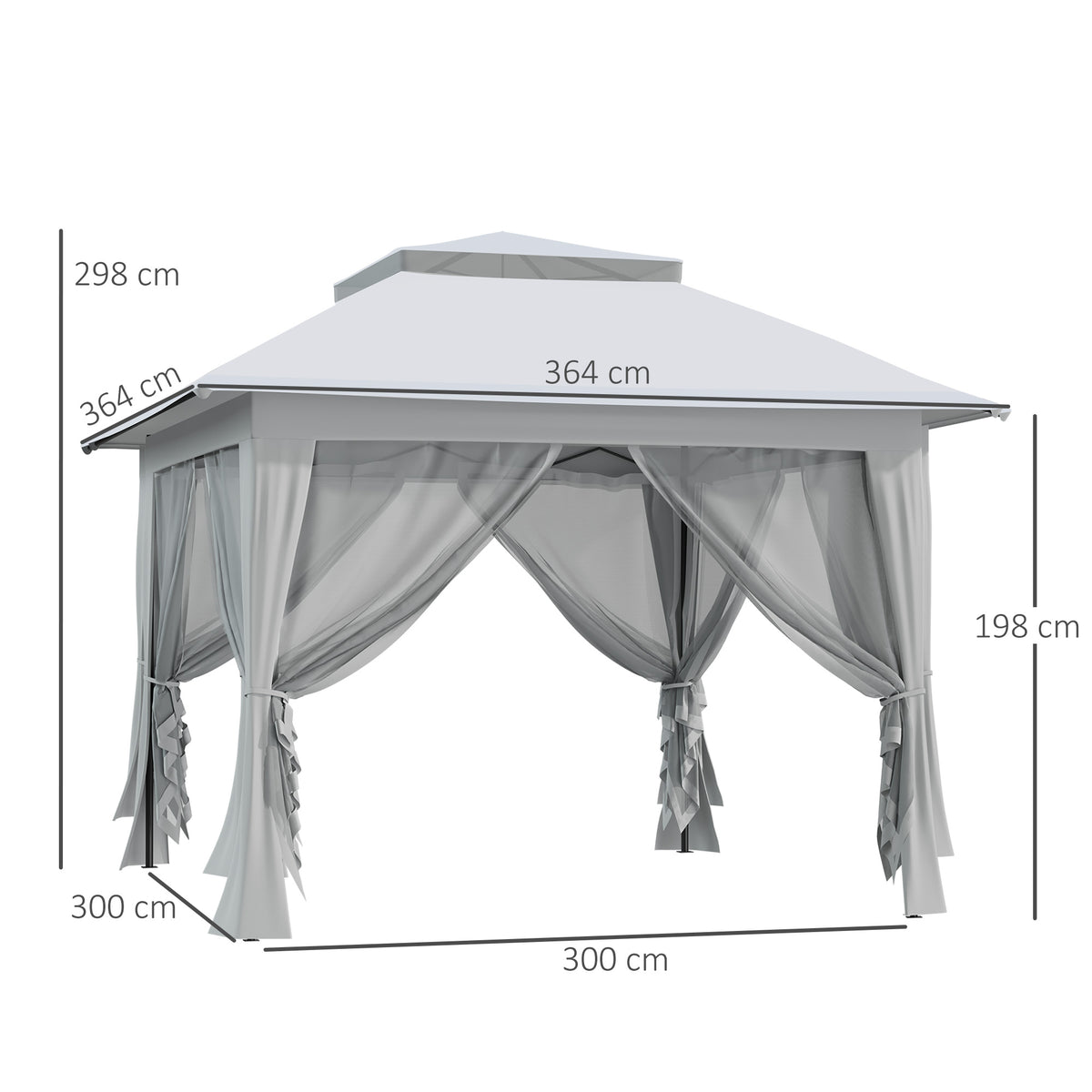 Grey pop-up gazebo with mesh netting, tied-back curtains, double-tier roof, and dimensions marked.