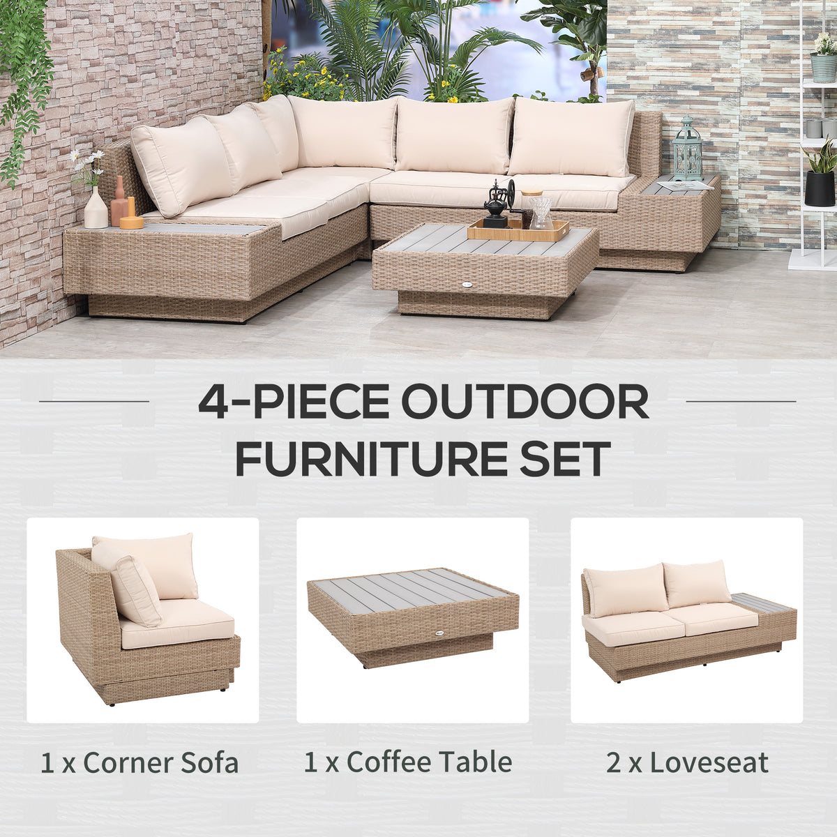 Four-piece rattan outdoor furniture set with corner sofa, two loveseats and coffee table