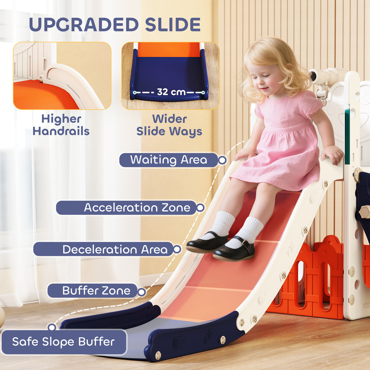AIYAPLAY 5 in 1 Kids Slide Set with Basketball Hoop, Climbing Frame, Telescope, Storage Box for Toddlers Ages 1-3, Orange