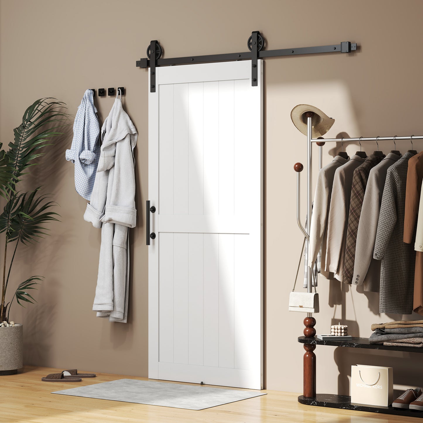 HOMCOM 183cm Sliding Barn Door Kit, Sliding Door with Track, Hardware, Upgraded Rollers and Floor Guide, Handle, White