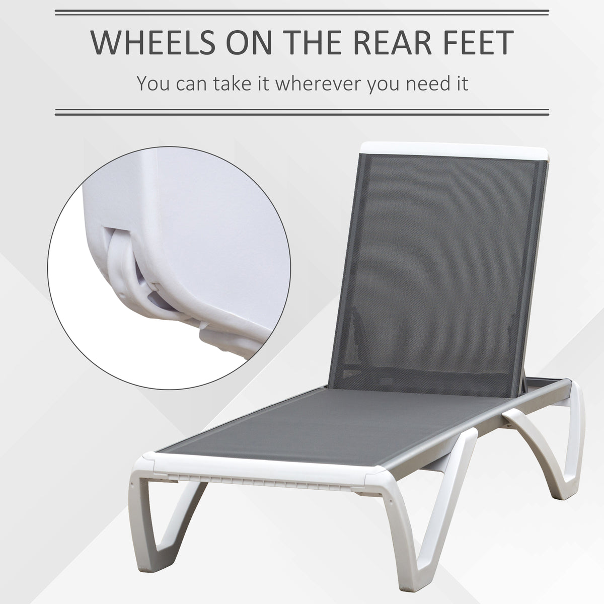 Grey sun lounger with white frame and rear wheels, shown from the front