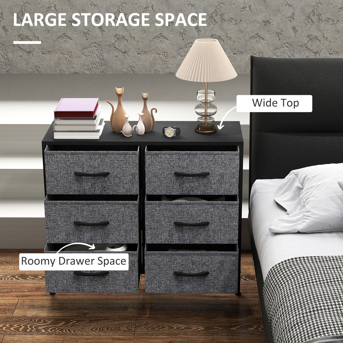 HOMCOM gray fabric dresser with six roomy drawers and a wide black top