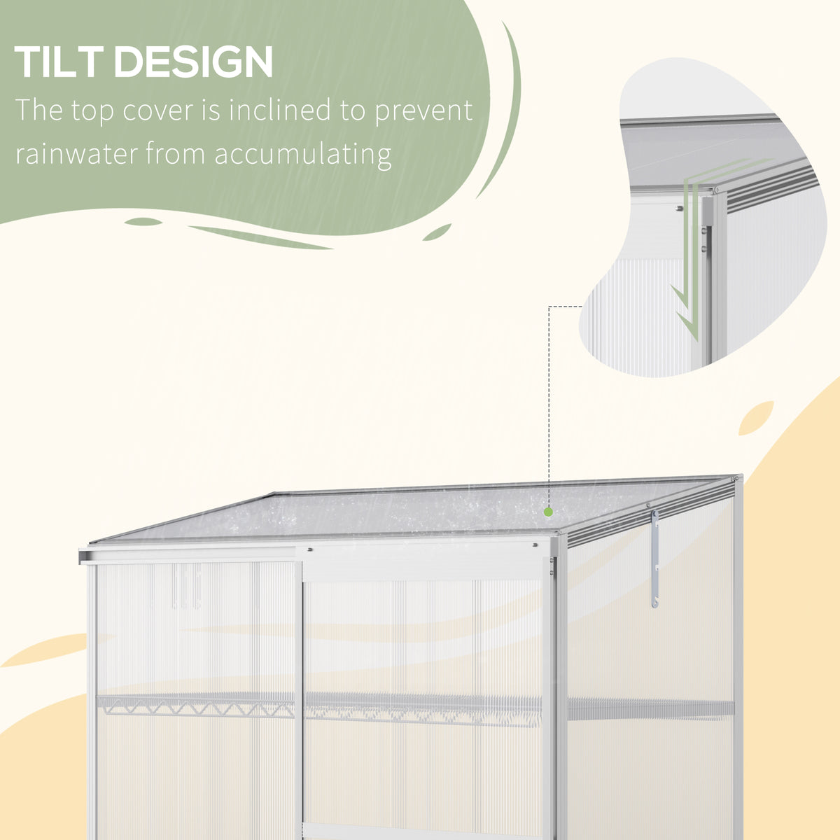 Outsunny greenhouse with tilted roof designed to shed rainwater