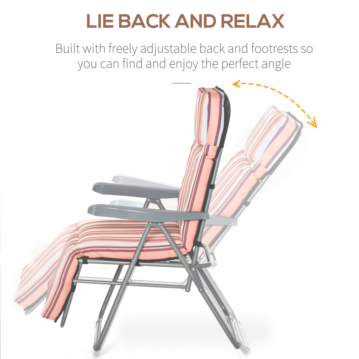 Adjustable reclining garden chair with striped cushion and folding steel frame