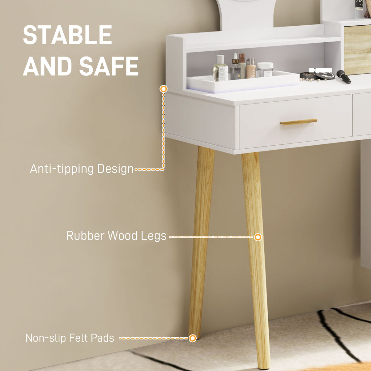 White dressing table with wood legs and anti-tip design detail