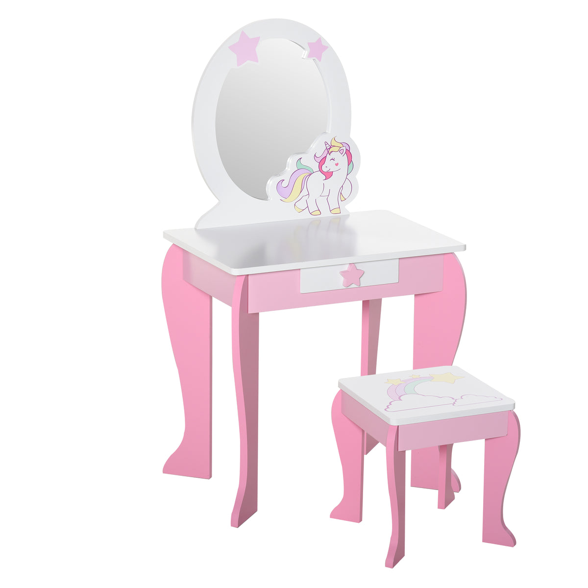 Photo of HOMCOM Kids Dressing Table with Mirror, Stool, Pink in Pink colour on a white background