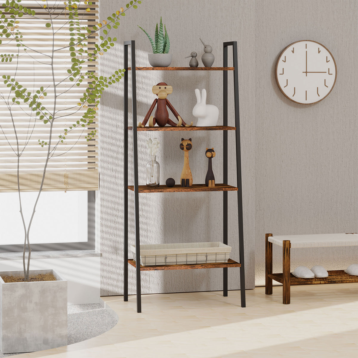 HOMCOM ladder shelf with four rustic brown tiers and black frame, styled with decor