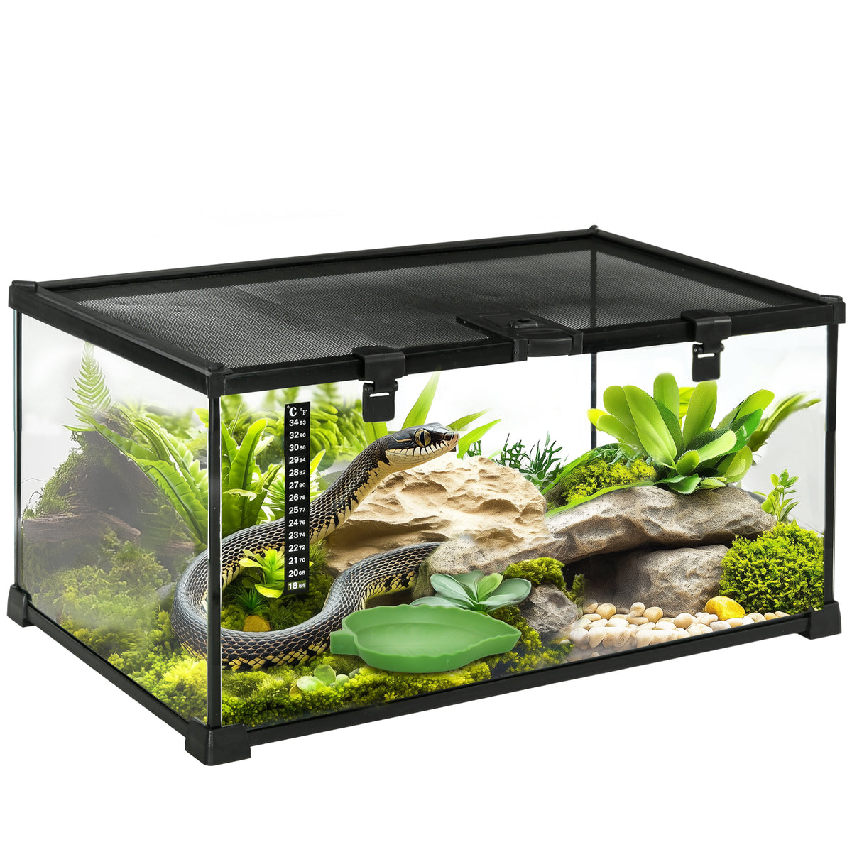 PawHut glass reptile terrarium with mesh lid, thermometer, plants, rocks, and snake
