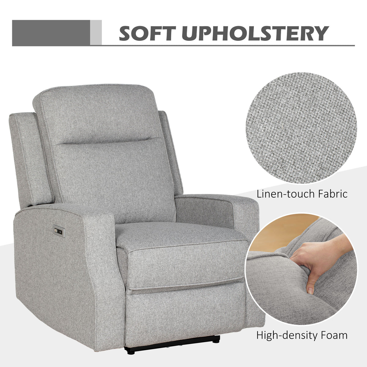Grey electric reclining chair with linen-touch upholstery and padded seat