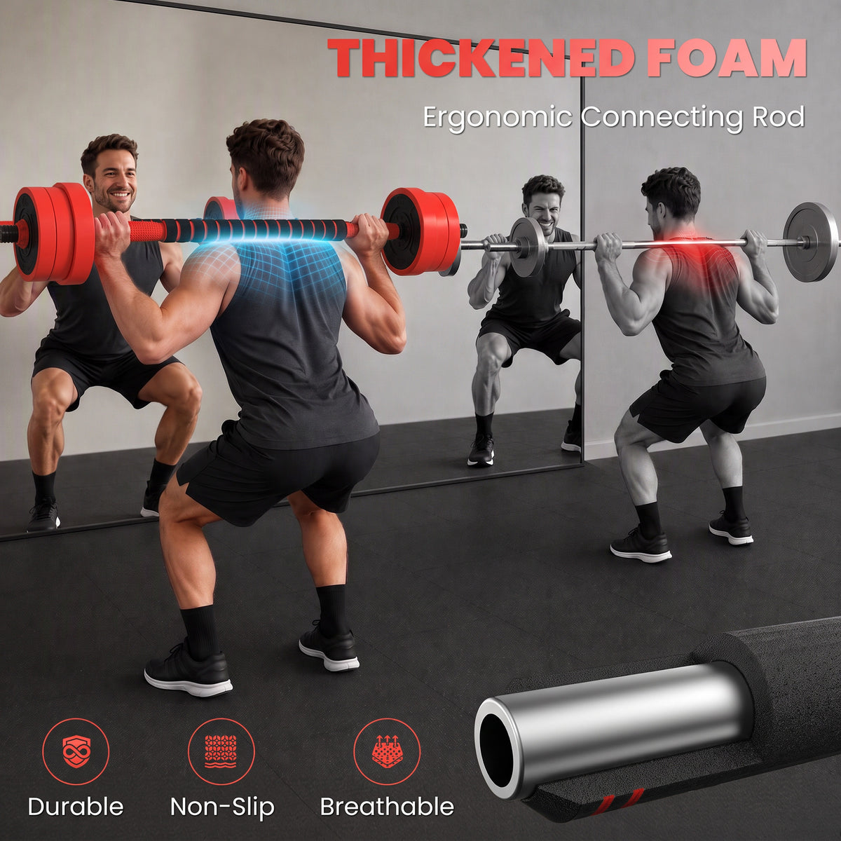 SPORTNOW weight set with thick foam connecting rod shown on a barbell during squats