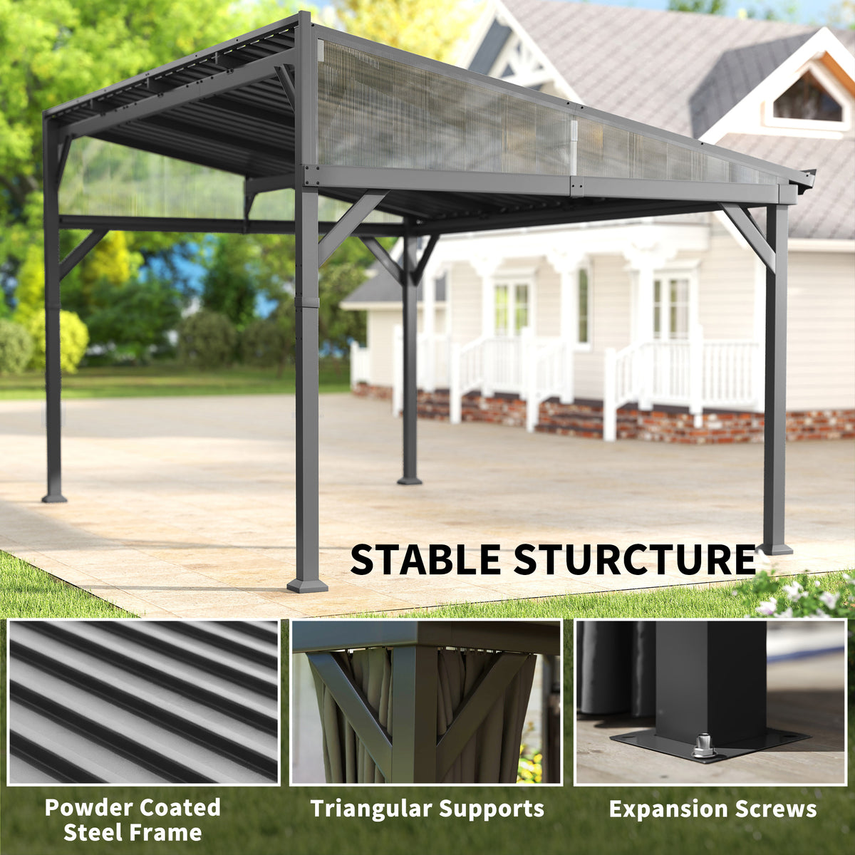 Outsunny 4.3 x 3 m Garden Pergola with Galvanised Steel Roof, Lean to Pergola Gazebo with Netting Curtains, Dark Grey
