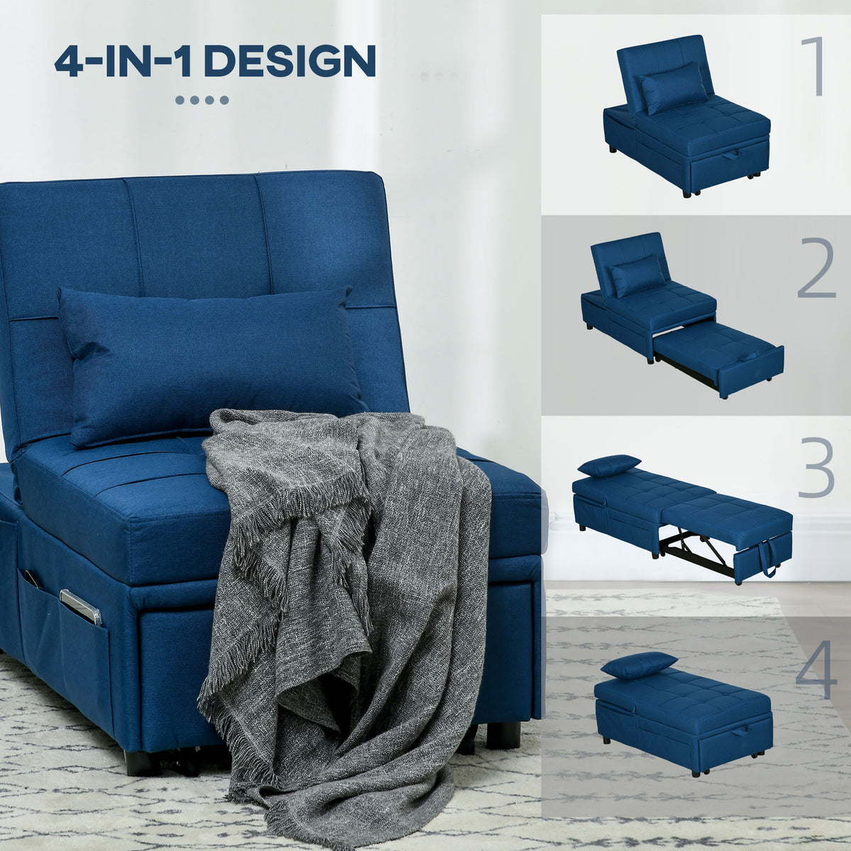 Blue convertible chair bed shown as a chair, recliner, sleeper, and ottoman.