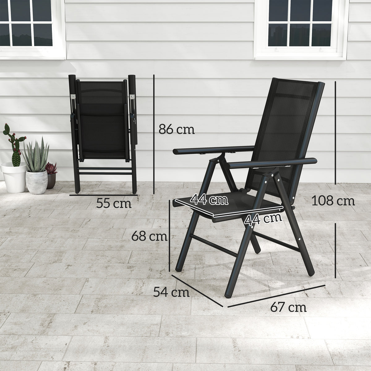 Outsunny black folding garden chair shown from front and side with dimensions