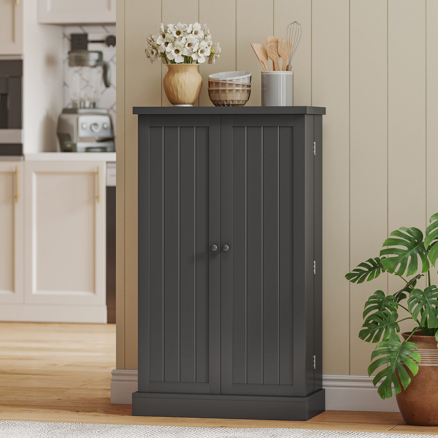 HOMCOM Kitchen Cupboard, Freestanding Multi-Storage Kitchen Pantry Cabinet with Adjustable Shelves, Black