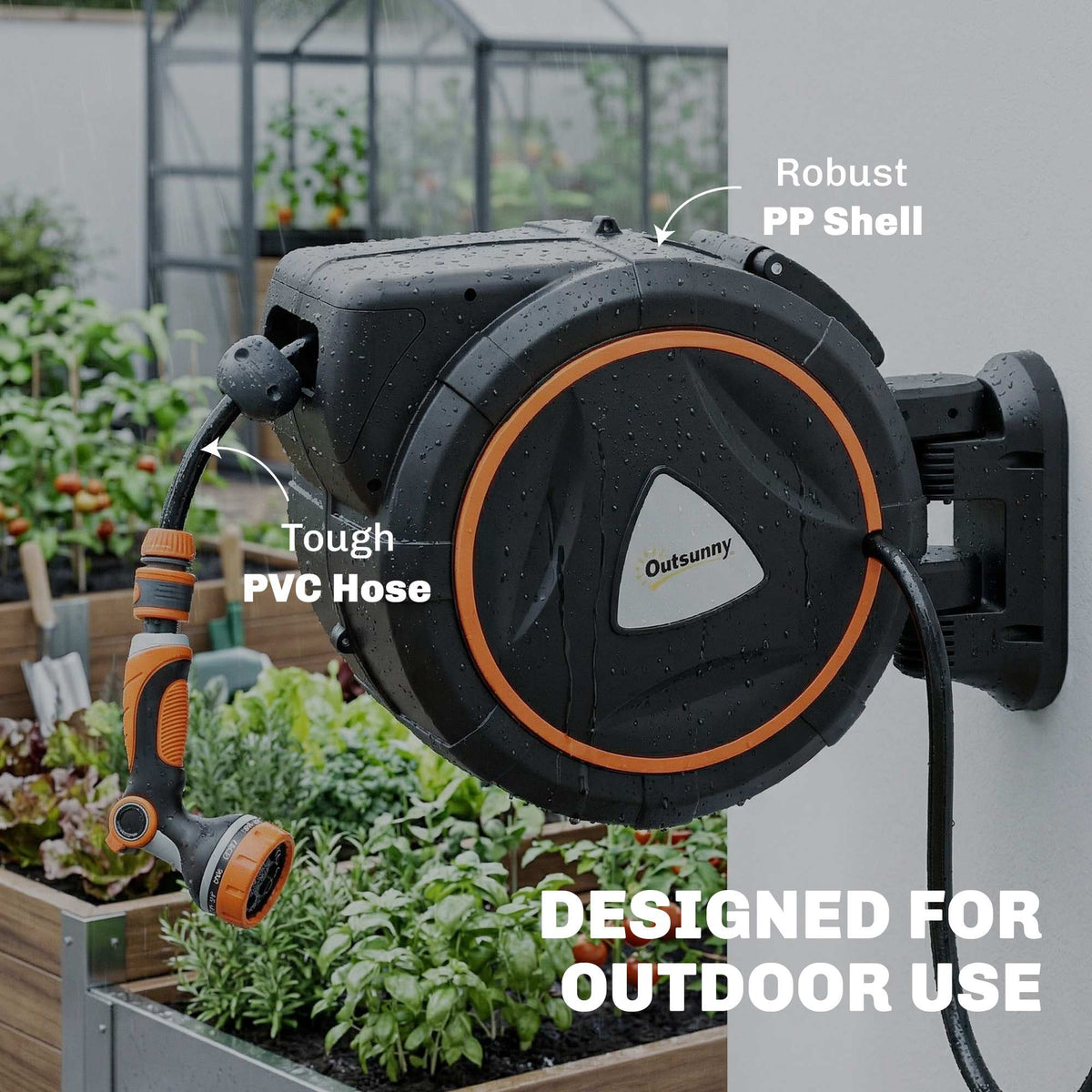 Outsunny 28+2m Retractable Hose Reel Wall Mounted with Auto Retraction, Self-Locking, Slow Return System, 12-Pattern Nozzles