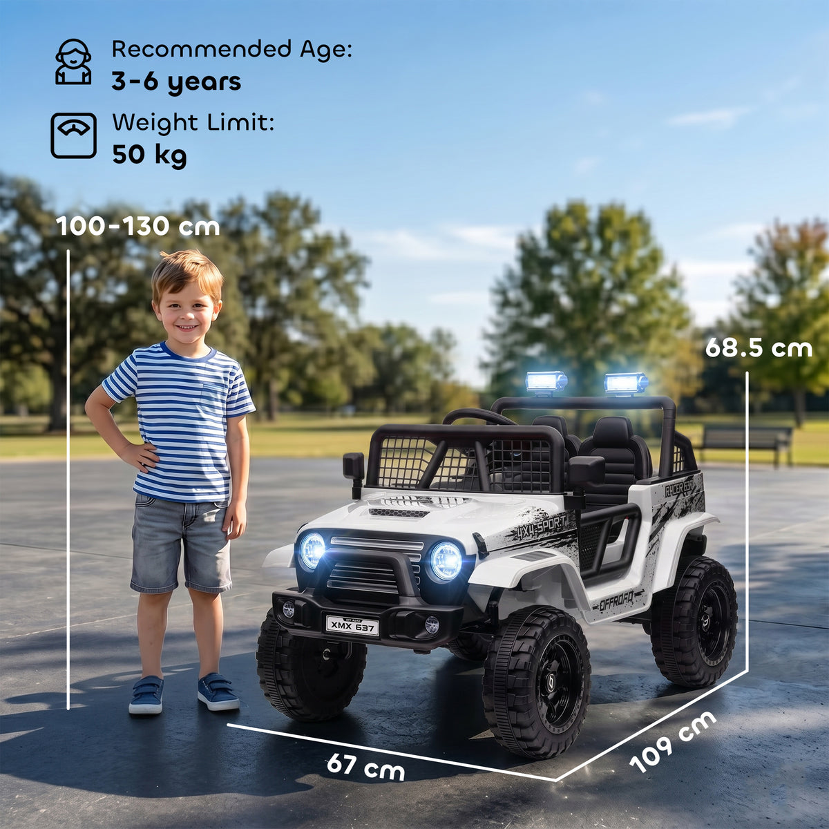 AIYAPLAY white ride-on truck beside a child, with dimensions and age and weight limits shown