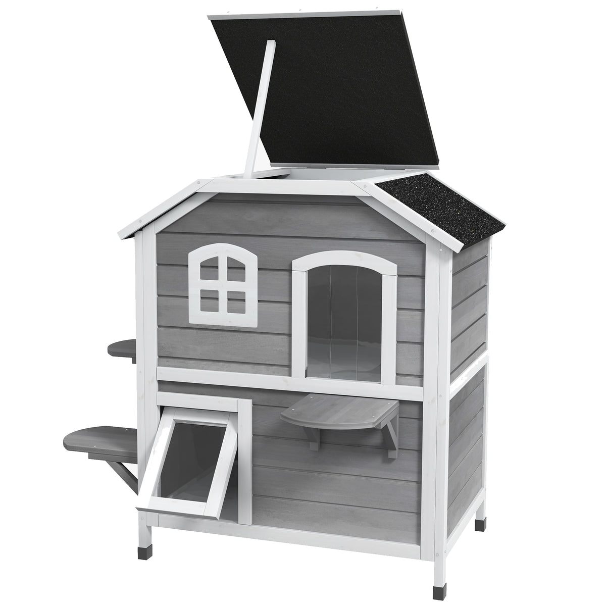 PawHut 2-story Cat House Outdoor, Weatherproof Wooden Cat Enclosure with Escape Door, Openable Roof, Jumping Platforms, Grey