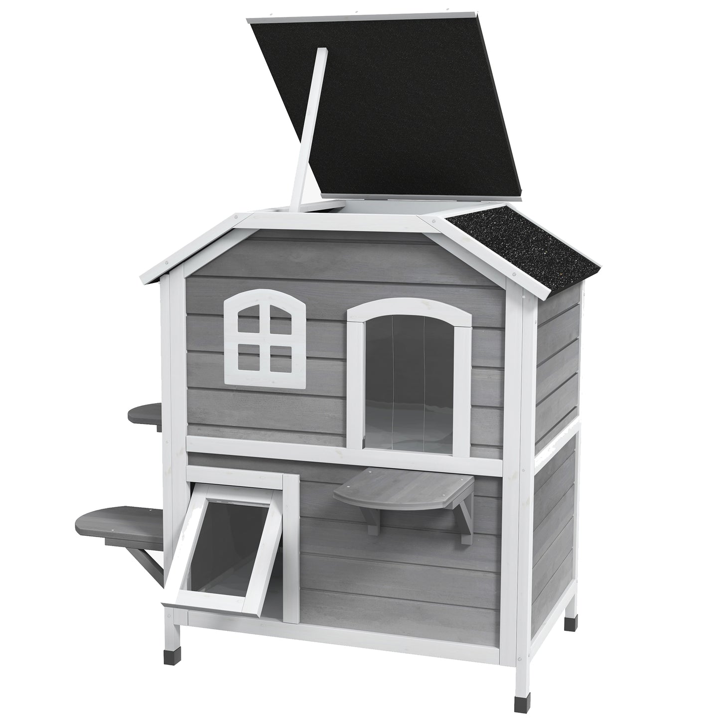 PawHut 2-story Cat House Outdoor, Weatherproof Wooden Cat Enclosure with Escape Door, Openable Roof, Jumping Platforms, Grey