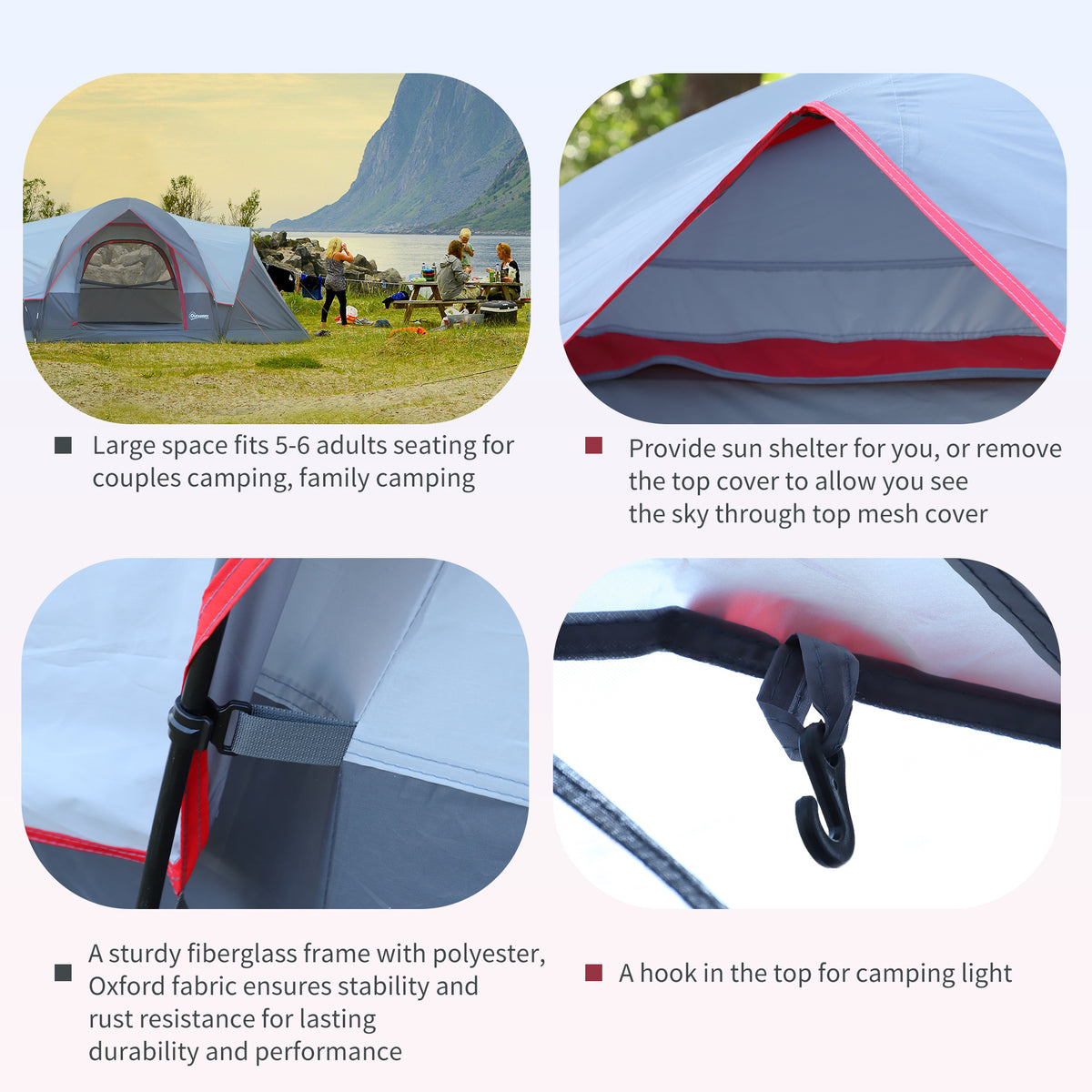 Blue tent features include mesh roof, reinforced frame, hanging hook and room for 5–6 people