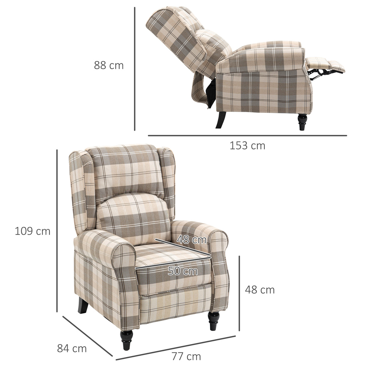 HOMCOM khaki plaid recliner in upright and reclined views with dimensions.
