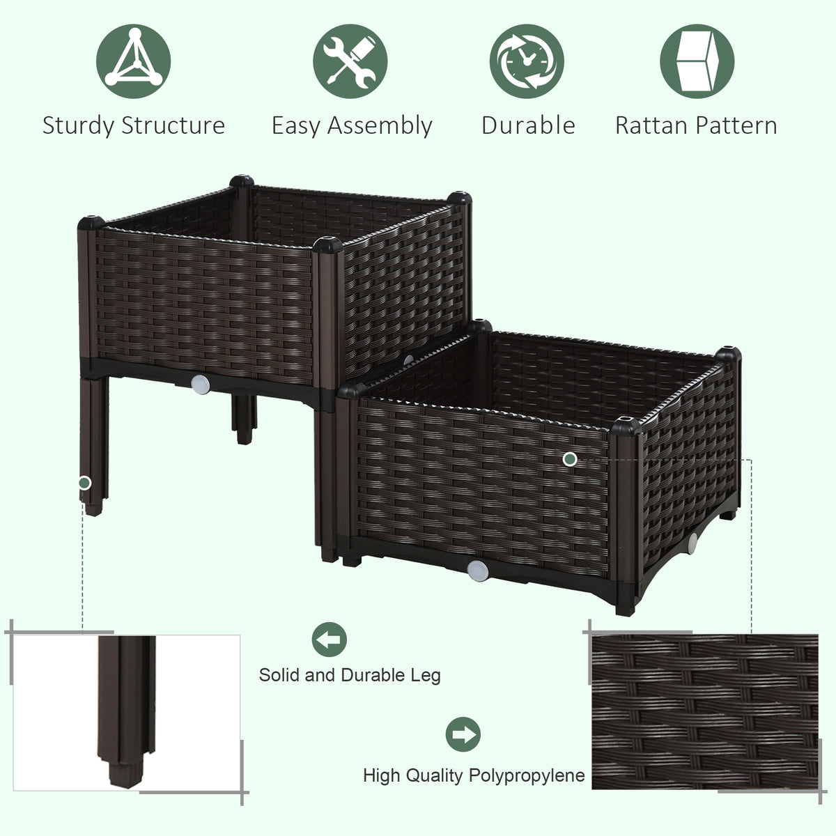 Two empty dark brown polypropylene planters with woven pattern and sturdy legs