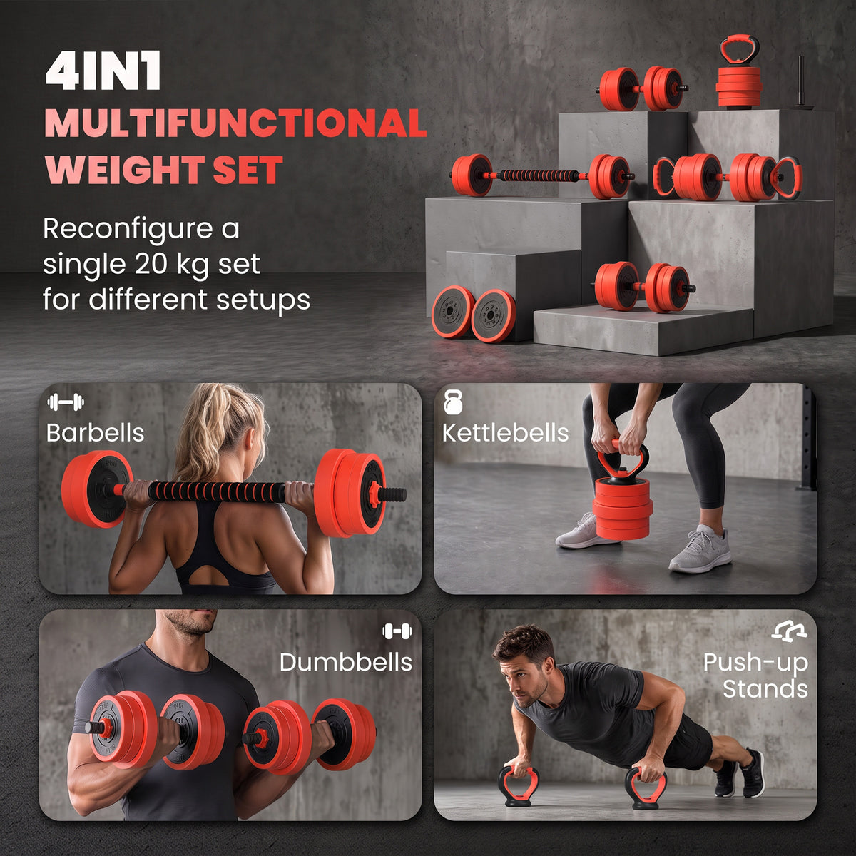 SPORTNOW adjustable weight set with red plates, barbell, dumbbells and kettlebell configurations