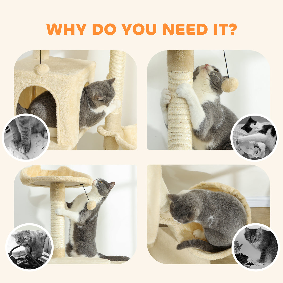 PawHut 140cm Large Cat Tree Tower with Sisal Scratching Posts, Plush Perches, Hammock, Beige