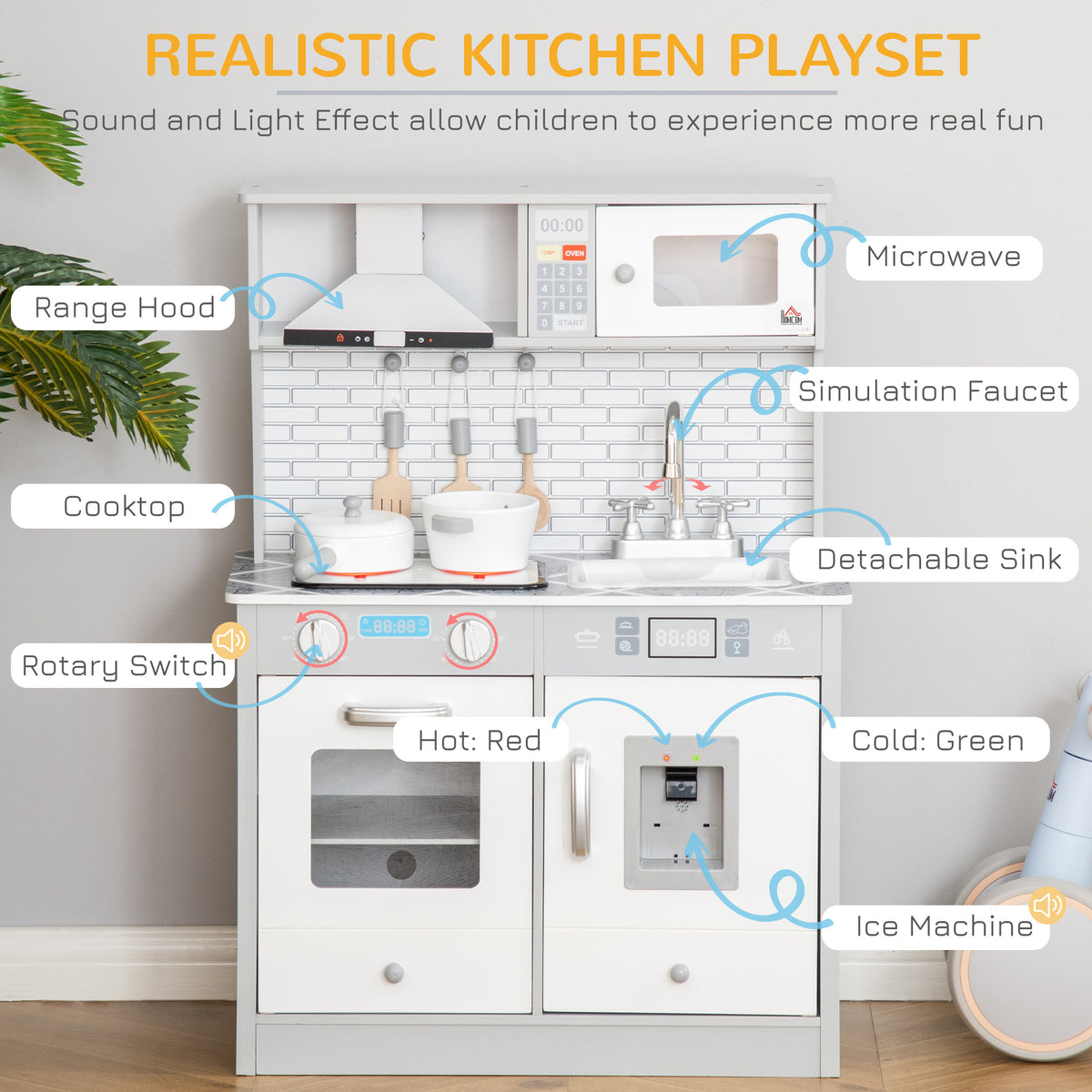 HOMCOM toy kitchen with range hood, microwave, cooktop, faucet, detachable sink, and ice machine