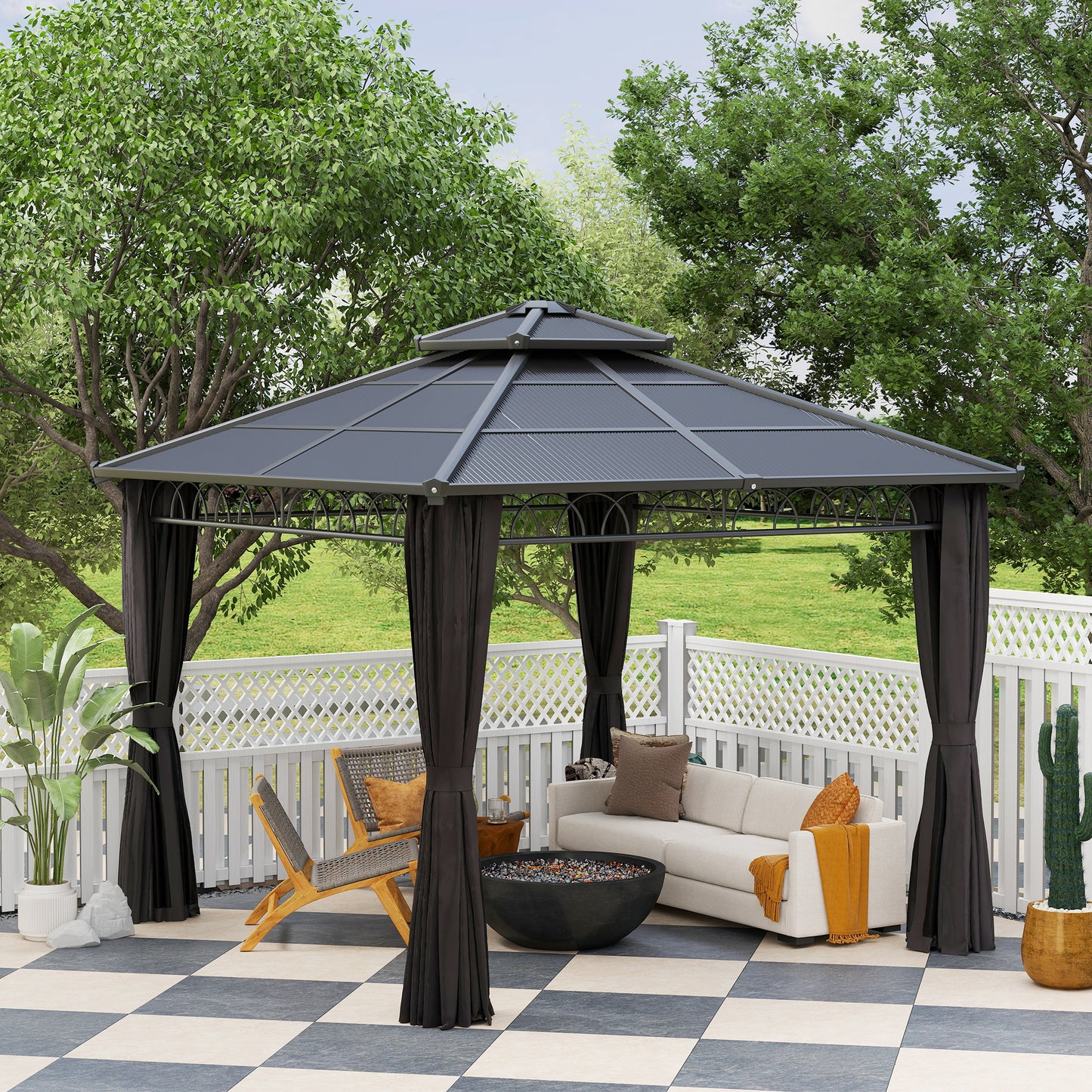 Dark grey polycarbonate hard-top gazebo with double roof and tied-back curtains.