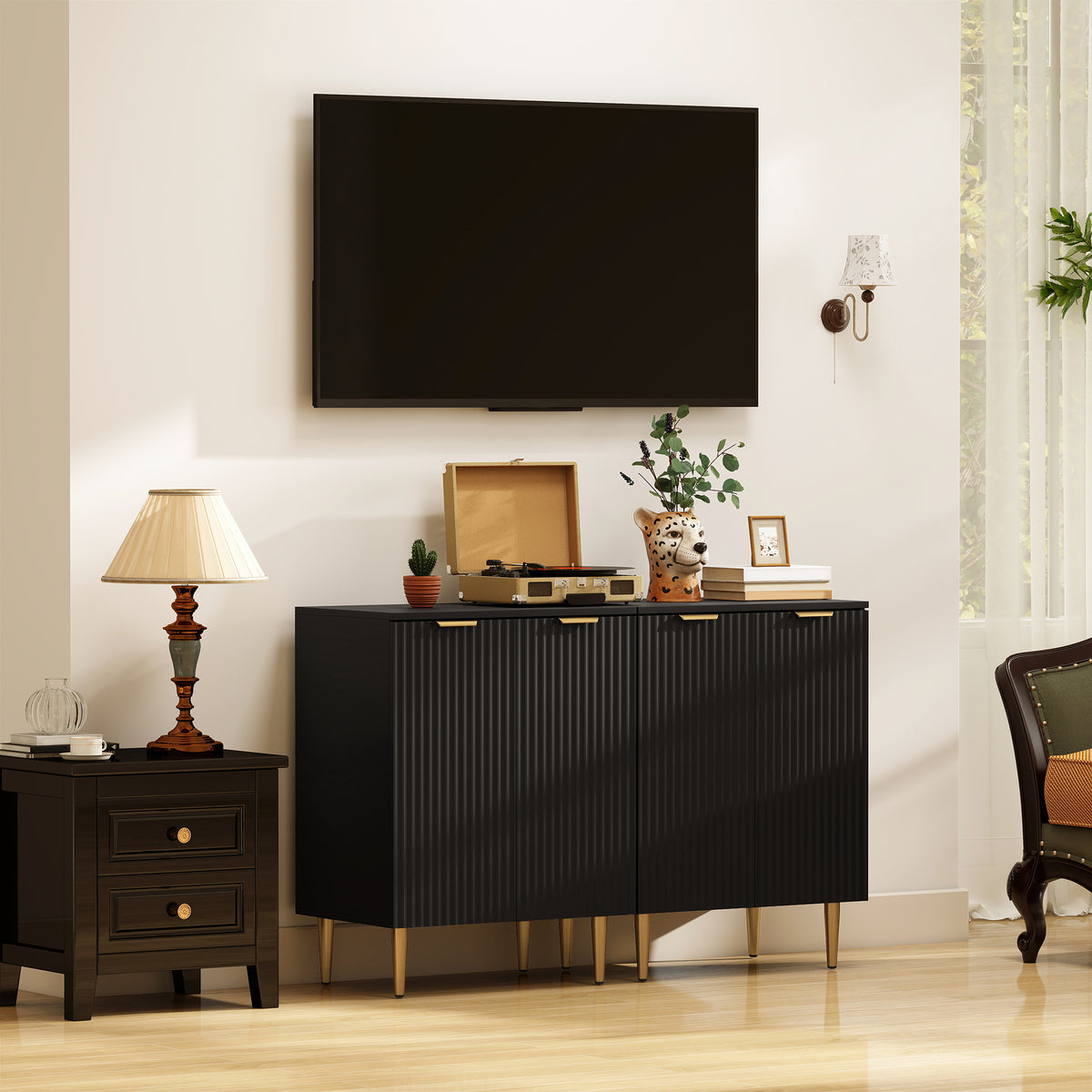 HOMCOM Sideboard Buffet Cabinet, Modern Kitchen Storage Cabinet with Adjustable Shelves and Metal Legs, Black