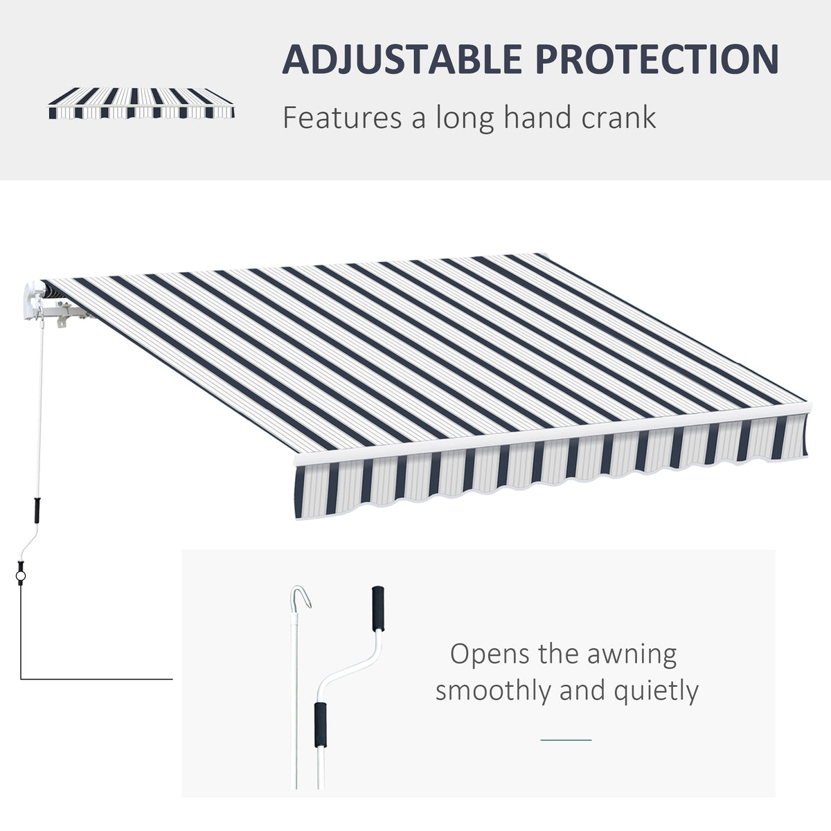 Striped retractable awning with long manual crank handle