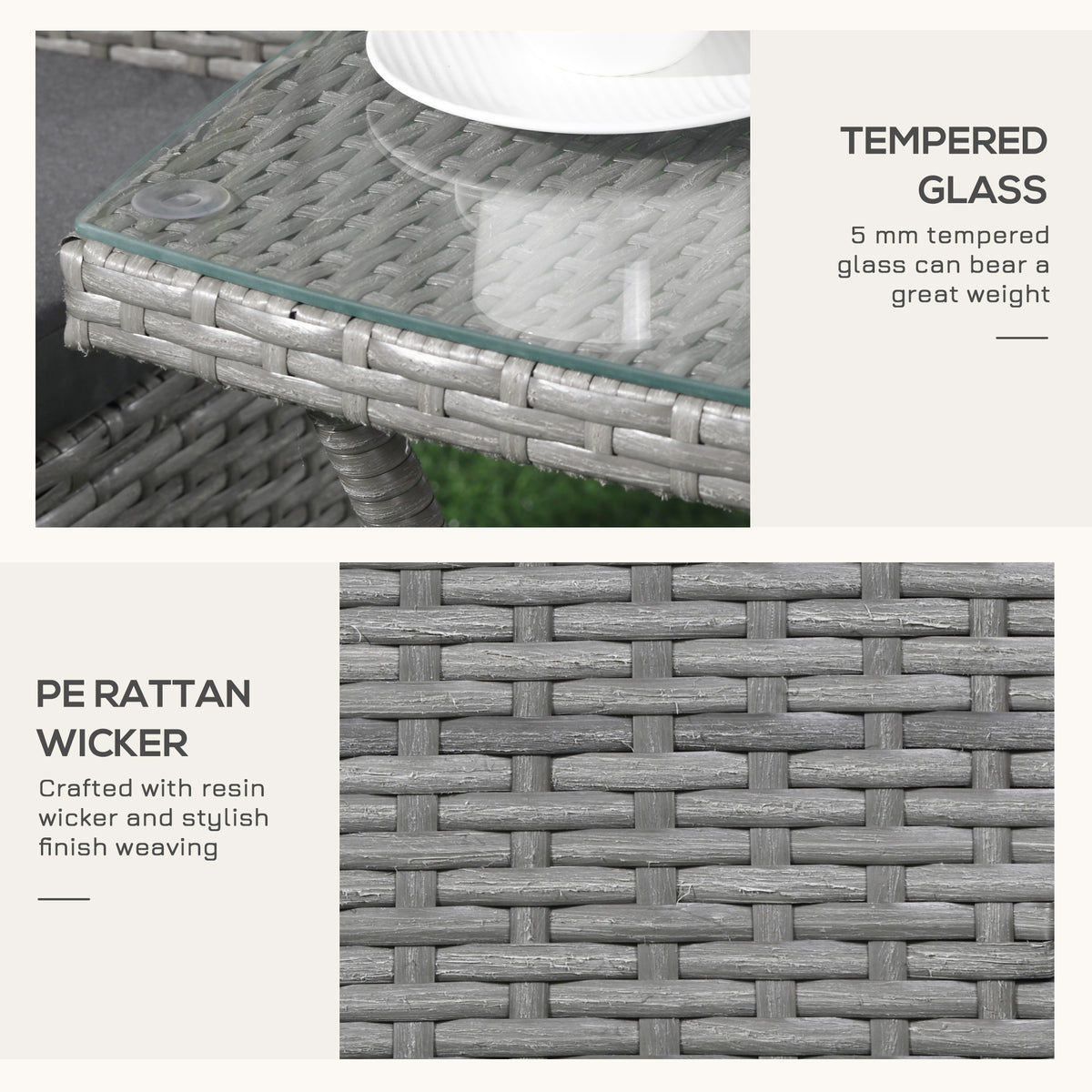 Close-up of the bistro table's tempered glass top and woven resin wicker