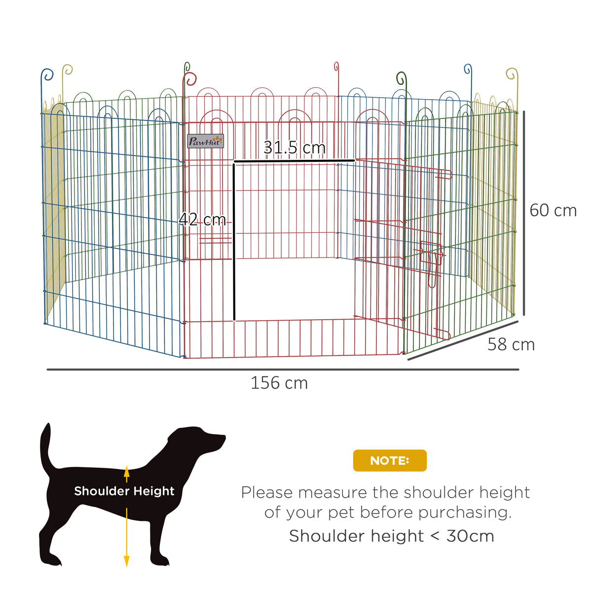 Eight-panel metal pet playpen with door and overall dimensions labeled