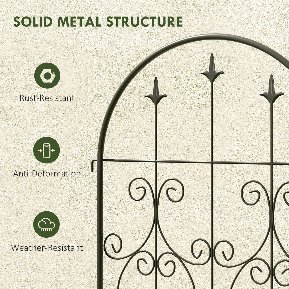 Close-up of arched metal trellis scrollwork and pointed finials