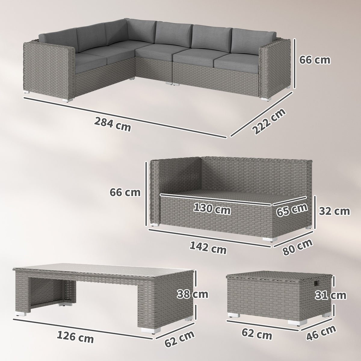 Outsunny 6 Pieces Outdoor PE Rattan Wicker Corner Sofa Set with 10cm Thick Padded Cushions, Aluminium Conservatory Furniture with Glass Top Coffee Table, Footstools, Grey