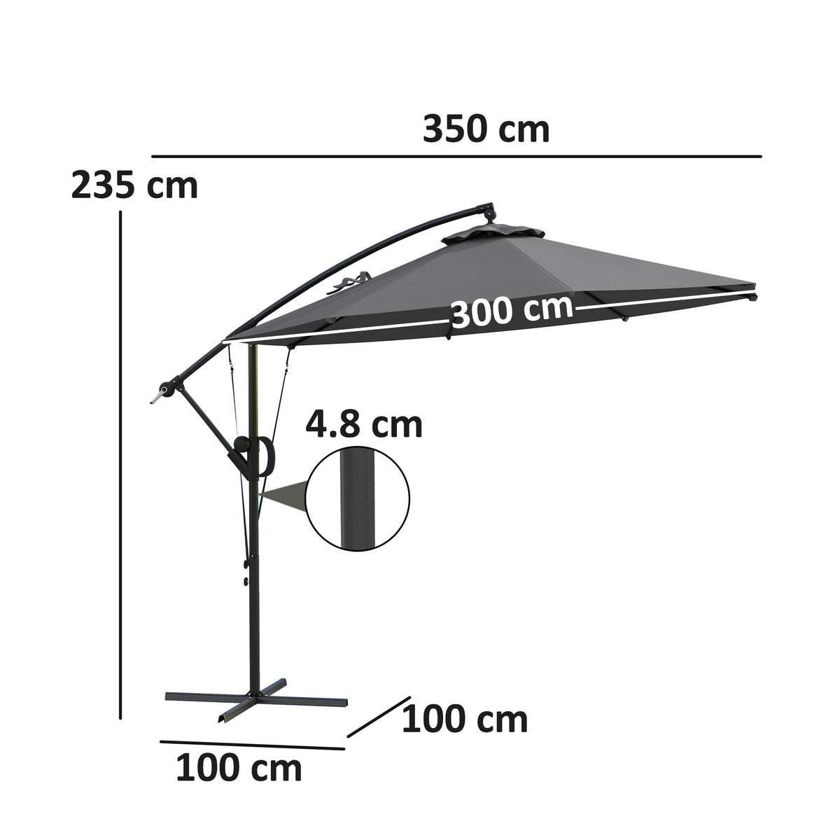 Cantilever patio umbrella with 300 cm canopy and dimension labels