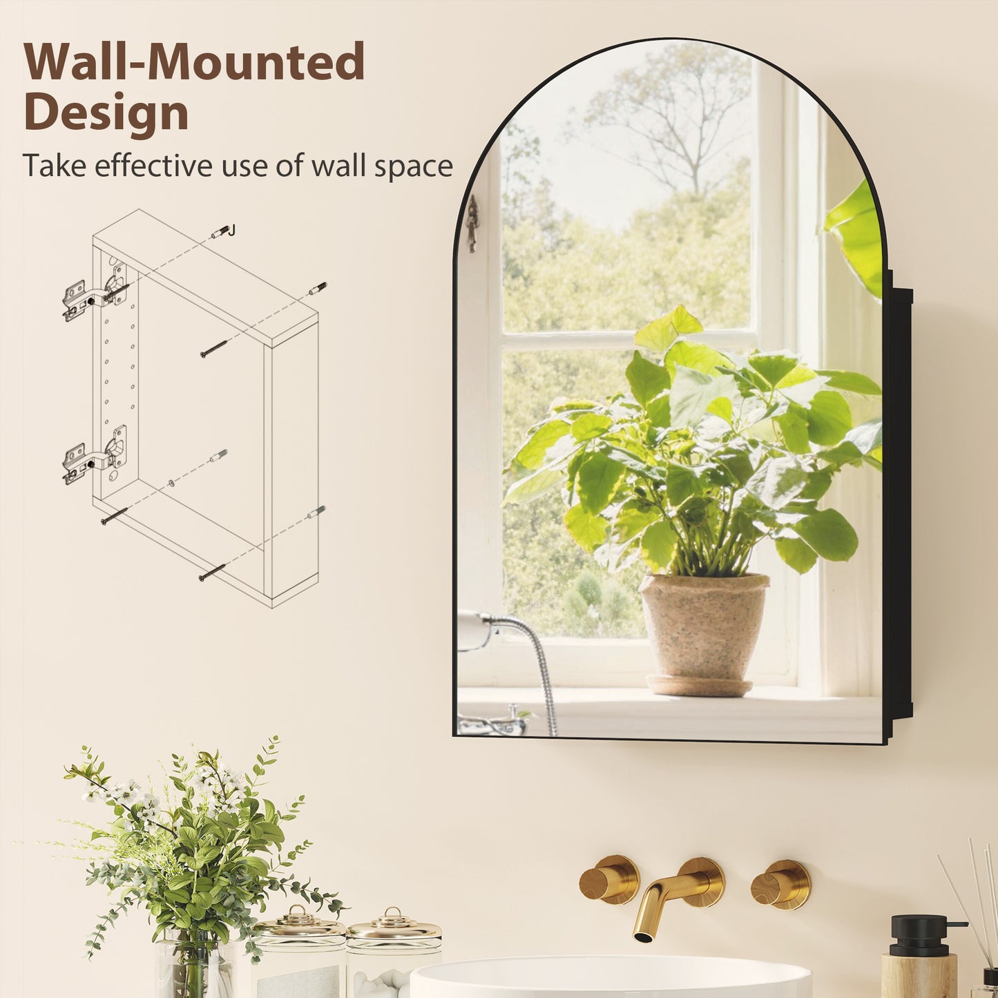 HOMCOM Bathroom Mirror Cabinet with Mirror, Arched Wall Mounted Bathroom Cabinet with Storage Shelves, Black