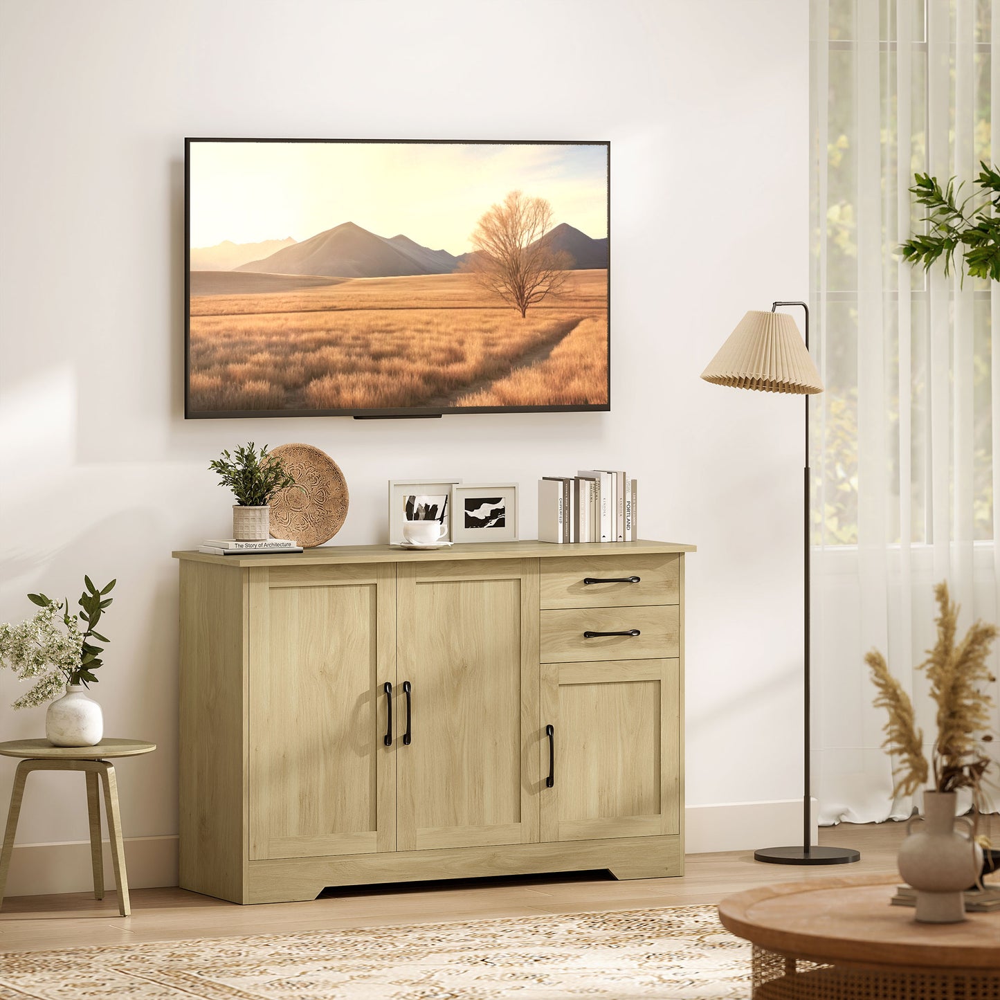 HOMCOM Sideboard with 2 Drawers Modern Storage Cabinet, Kitchen Cupboard with Adjustable Shelf and 3 Doors Natural