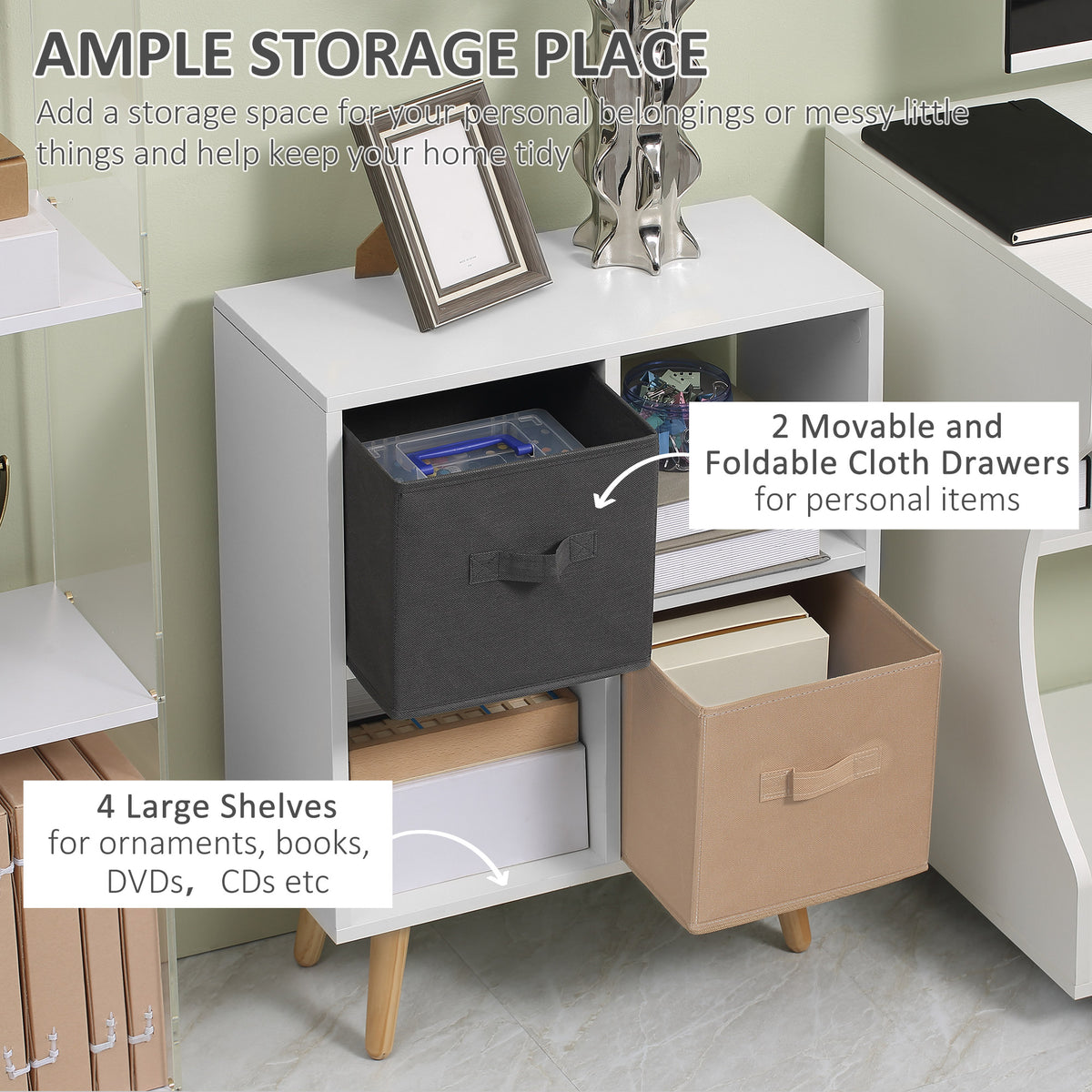 HOMCOM white four-cube storage cabinet with two fabric drawers and wood legs