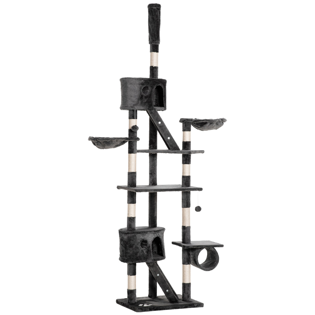 Dark gray adjustable cat tree with sisal-wrapped posts, two condos, platforms, baskets and a cat tube