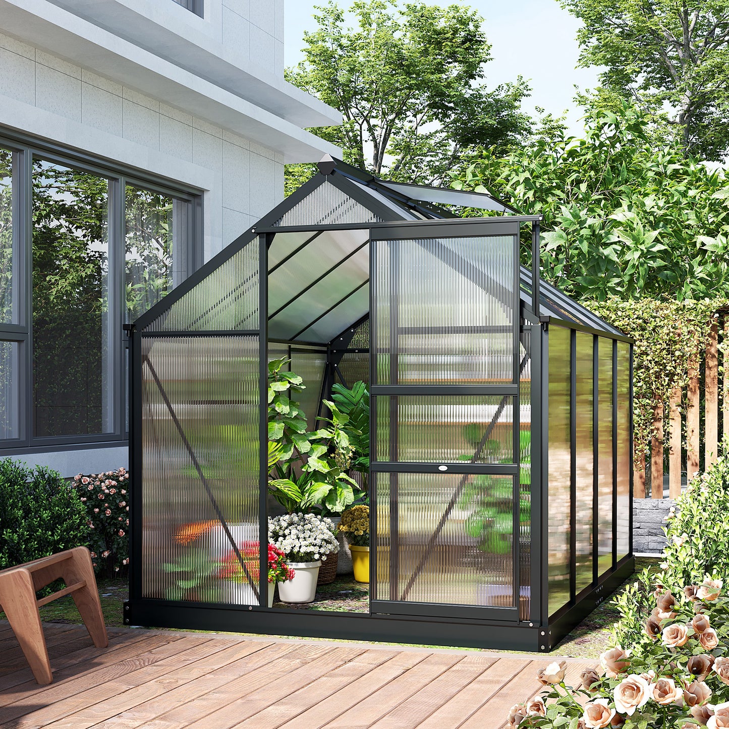 Outsunny 6 x 8ft Polycarbonate Greenhouse, Large Walk in Green House with Slide Door and Window, Garden Plants Grow House with Aluminium Frame and Foundation, Grey