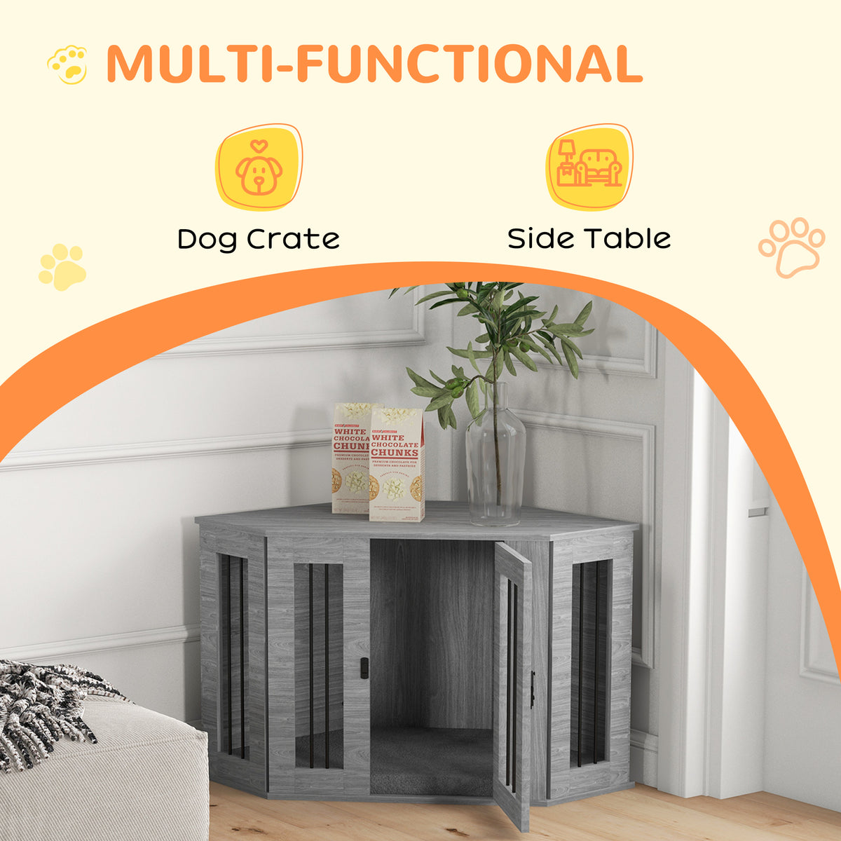 Grey corner dog crate side table with slatted panels and an open door